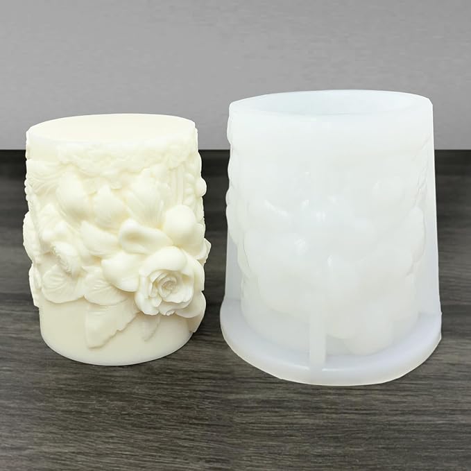 Flower Cylinder Candle Mold Floral Leaf Pillar Thick Silicone Mold for Candle Making Soaps Resin Clay Home Decoration Crafts DIY (Style-1)