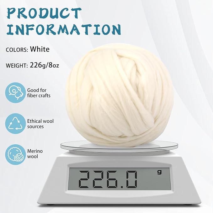 Wonvoc Core Wool for Needle Felting, 8 OZ White Merino Wool Roving, Soft - Image 2