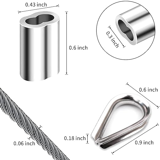 1/8 inch Wire Rope Kit, Haploon 33ft Wire Cable Rope Stainless Steel Cable Railing kit, 50 Pcs Aluminum Crimp Sleeves and 12 Pcs Thimble for Decking,Railing,DIY Outdoor Shades, Picture Hanging