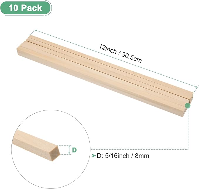 10-Pack Wood Square Dowel Rods, 5/16 x 12 Inch Unfinished Wooden Square Dowel Rod, Hardwood Square Dowel Sticks for Crafts/DIY Projects/Models Making [Wood Color]