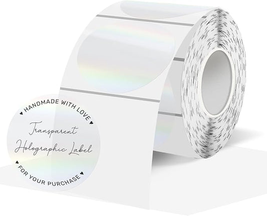 1.5" Round Transparent Thermal Label Stickers, Holographic Clear Direct Thermal Labels-Perforation Line Design& Waterproof- 300 Sheets