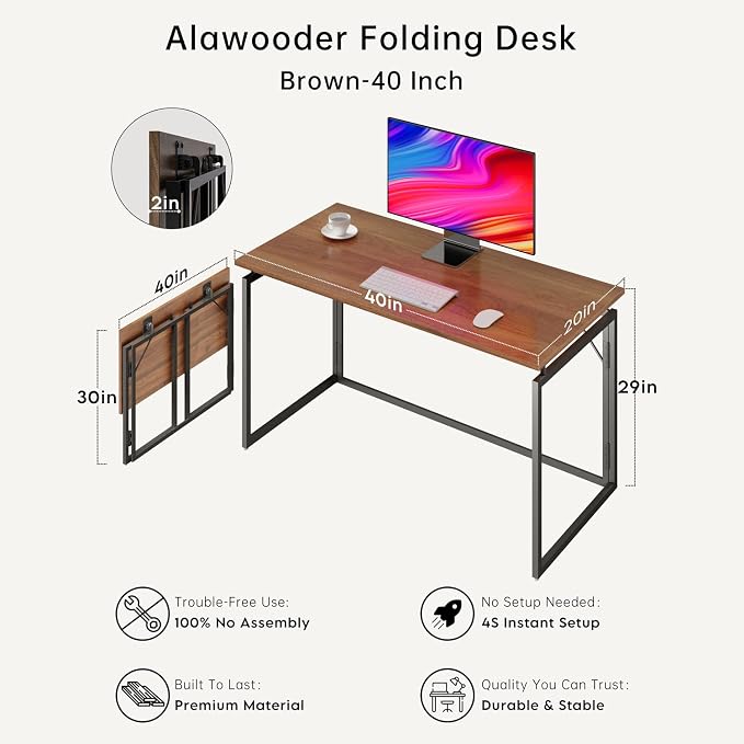 alawooder 39.4" Folding Desk: No Assembly, Wood Top - Image 6