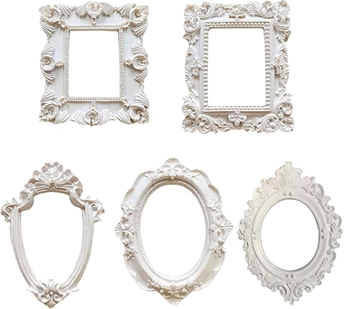 5Pcs Mini Frames -White Small Vintage Flower Oval Rectangle Baroque Frames by mozhixue