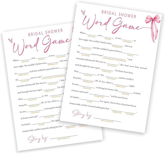 Wedding Shower Games Cards, Bridal Shower Word Game, Bridal Shower Games 25 Guests, Engagement Party Wedding Games for Guests, Pink Ribbon Bow Wedding Party Supplies - E16