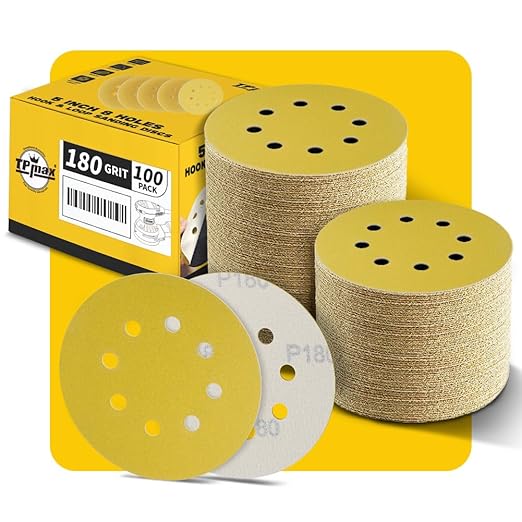 100PCS 5 Inch 180 Grit 125mm 8 Hole Sanding Discs Sandpaper - Premium Gold Round Hook and Loop for Random Orbital Sander - Ideal for Wood, Metal, Automotive