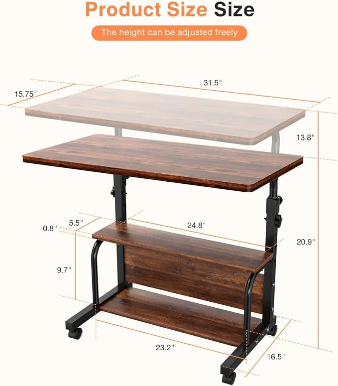QZMDSM Portable Rolling Desk on Wheels Adjustable Height Desks - Image 3