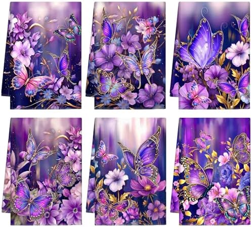 Breling 6 Pack Purple Butterfly Kitchen Towels Floral Dish Towels 14x21 by Breling