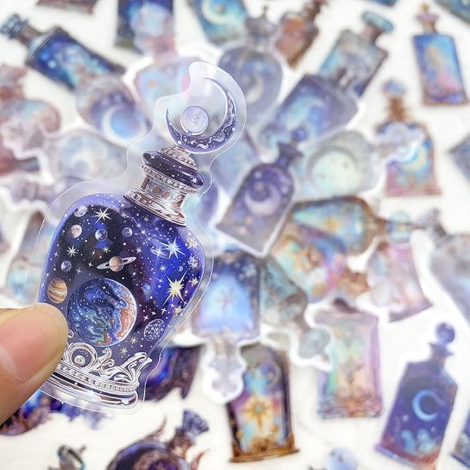 50PCS Lunar Phase Crystal Bottle Stickers – Clear Watercolor Moon & Star - Image 3