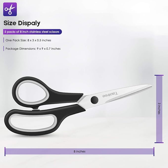 Scissors for Office, Taotree 8"Scissors All Purpose Bulk Set of 5-Pack | School - Image 5