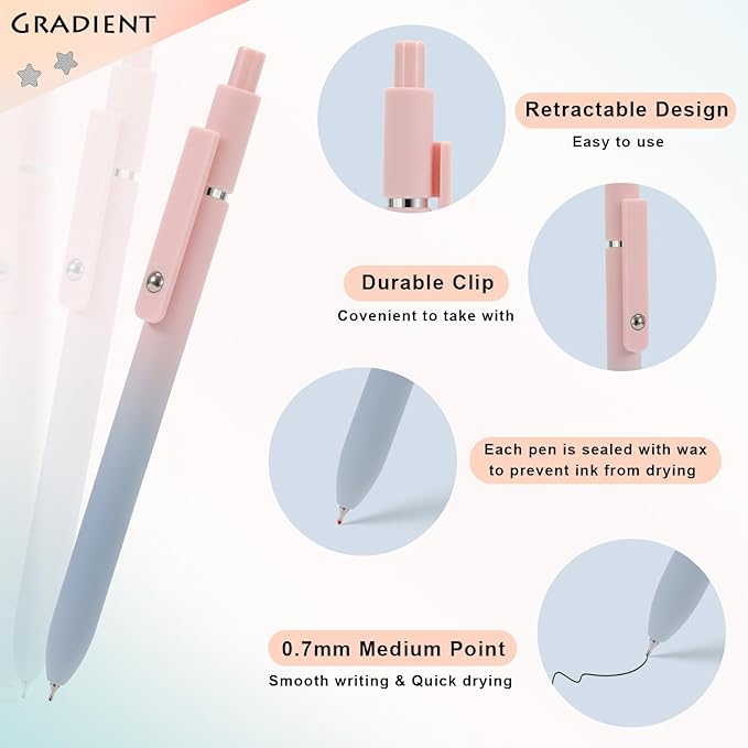 Gel Pens, 5Pcs Smooth Writing Medium Point 0.7mm Pens for Journaling, Black Ink Cute Stationary Office Desk Accessories, Aesthetic School Office Supplies for Women (5Pcs Gradient-Black Ink)