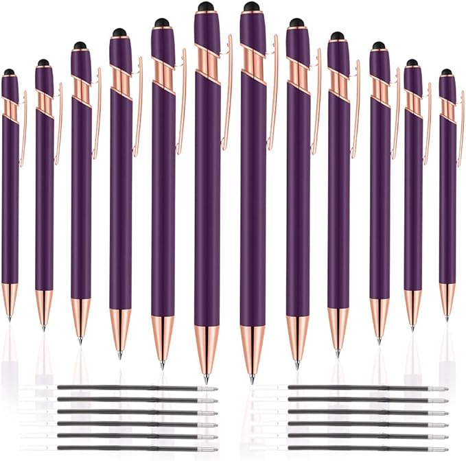 12 PCS 2 in 1 Stylus Ballpoint Pen with Stylus Tip, 1.0 mm Black Ink Metal Pen Stylus Pen for Touch Screens (Rose Gold & Purple)