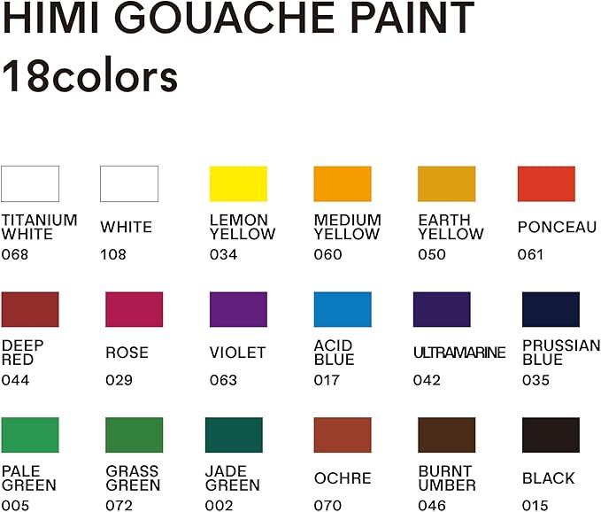 HIMI Gouache Paint Tube Set -18 Colors 12ml, with Rich Pigments, Gouache paint Non-Toxic, suitable for Beginners, Artists, and Hobby Painters. Beautiful Gifts for Art Supplies Painting（18 colors）