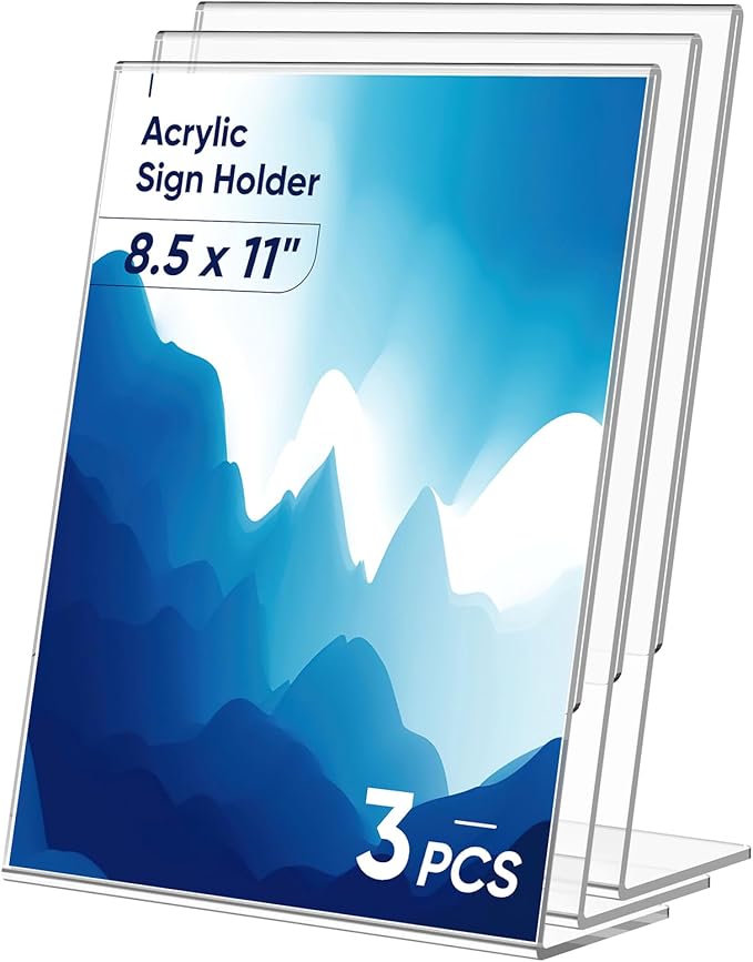 3 Pack Acrylic Sign Holder 8.5x11 Inches, L-Shape Flyer Holder Stand | Clear by Dooiclear