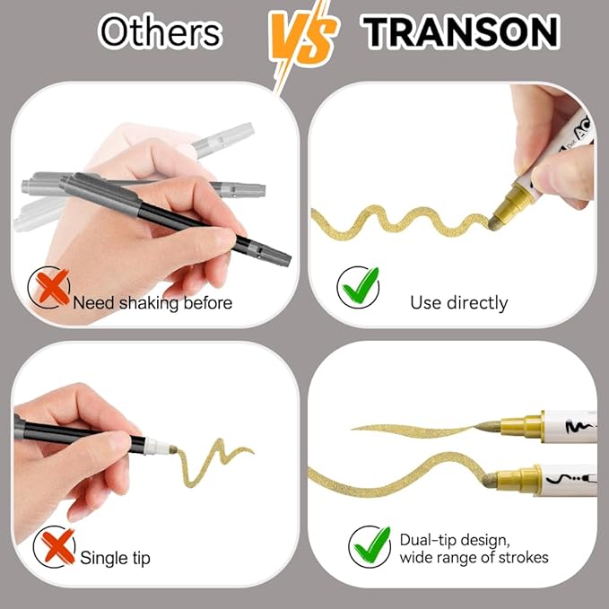 TRANSON 2 Gold, 2 Silver, 2 Black and 2 White Paint Markers Brush and Bold Dual-tip Acrylic Paint Marker Set for Rock Painting Glass Canvas Wood Leather Ceramic Painting