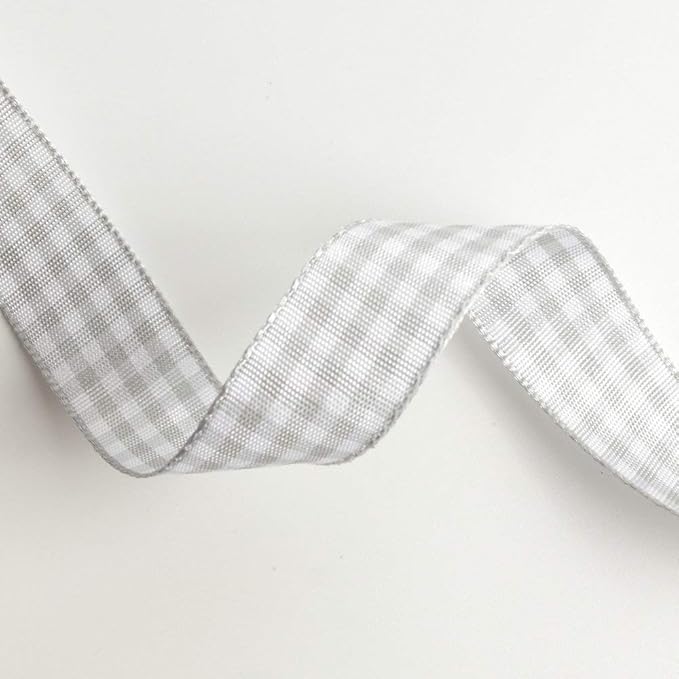 Gingham Ribbon - Gray and White, 25 Yards Each Roll, 100% Polyester (5/8")