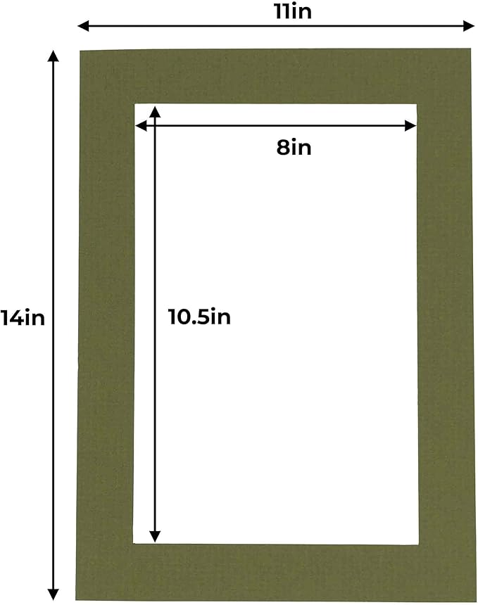 11x14 Mat for 8.5x11 Photo - Precut Dill Green Picture Matboard for Frames 11 x 14 Inches - Bevel Cut to Display Art 8.5 x 11 Inches - Acid Free Pack of 10 MATS with Backing Boards & Clear Bags