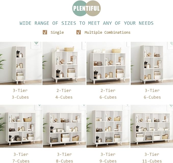 IOTXY Open Cube Low Bookcase - 3-Tier Freestanding Storage Display Cabinet Organizer with Legs for Home Office, 7-Cubes Open Shelf Short Bookshelf, White