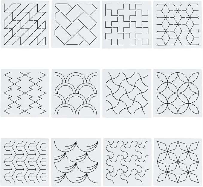 FREEBLOSS 12Pcs Sashiko Stencils Sashiko Embroidery PET Template Drawing Line Template for Hand Quilting Sashiko Patterns Templates Embroidery Stencils 5.5 * 5.5''