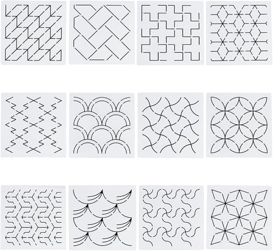FREEBLOSS 12Pcs Sashiko Stencils Sashiko Embroidery PET Template Drawing Line Template for Hand Quilting Sashiko Patterns Templates Embroidery Stencils 5.5 * 5.5''