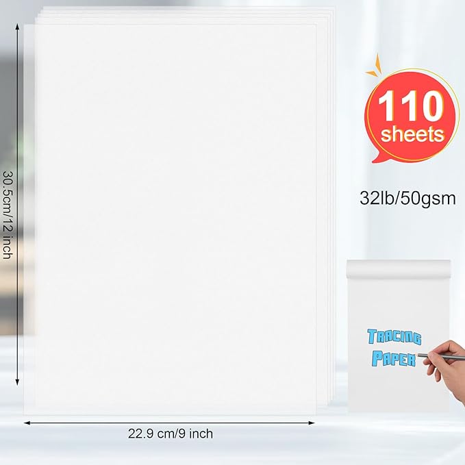 110 Sheets Tracing Paper for Drawing, 9”x12” Trace Paper, Translucent Vellum Paper Tracing Paper Pad, Tracing Pad for Sketching, Preliminary Drawing, Overlaying Images Tracing