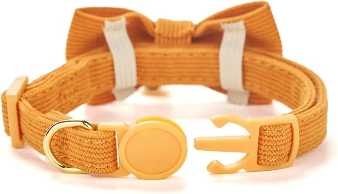 Soft Corduroy Cat Collar with Bell and Bowtie, Safety Breakaway Clasp, - Image 2