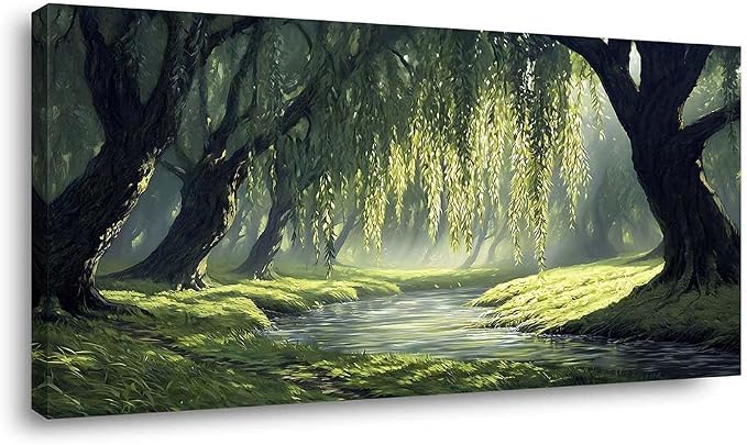ZESTRILIA Willow Trees Forest Canvas Wall Art, Peaceful River Landscape by Unknown