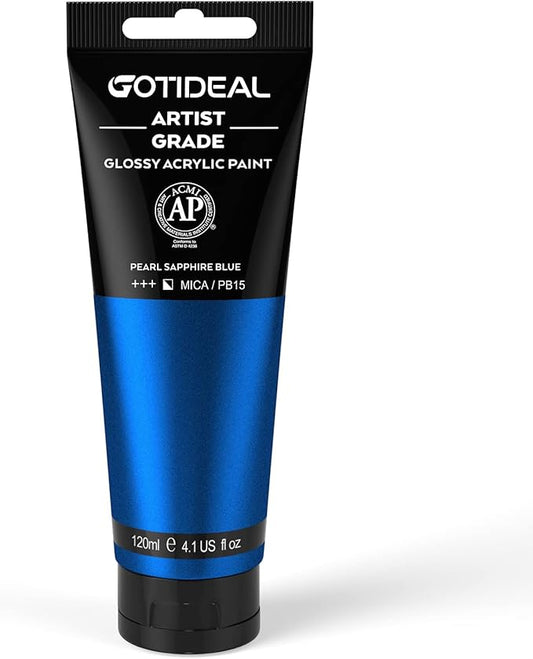 GOTIDEAL Metallic Acrylic Paint Pearl Sapphire Blue Tubes(120ml, 4.1 oz) Non Toxic Non Fading,Rich Pigments for Painters, Adults & Kids, Ideal for Canvas Wood Clay Fabric Ceramic Craft Supplies