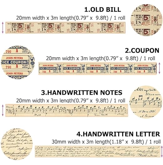 10 Rolls (Totally 98ft/30m) Vintage Washi Tape Set, Masking Tape Nostalgic Style Decor Sticker for DIY Craft Scrapbooking Bullet Journal Planner Gift Wrapping