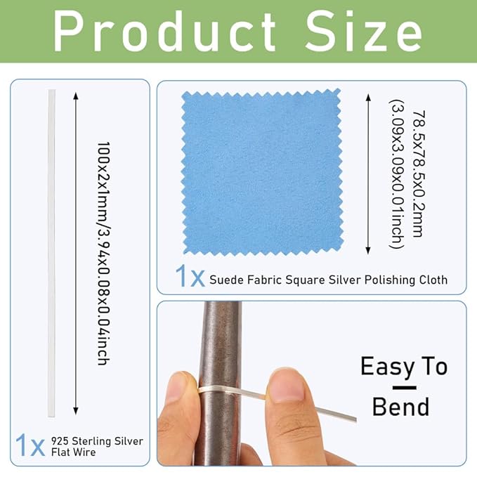 Fashewelry 0.3 ft 925 Sterling Silver Flat Bezel Strip Wire 2mm Soft Metal Stamping Wire with 1pc Cleaning Cloth for Stone Cabochon Rings Bangles Jewelry Making Findings