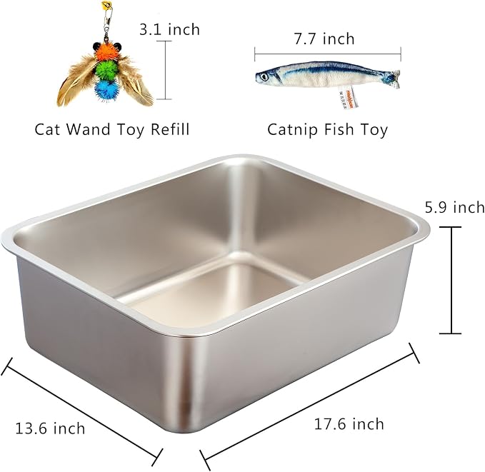 2-Pack Stainless Steel Cat Litter Boxes, Includes Catnip Fish Toy & Wand - Image 2