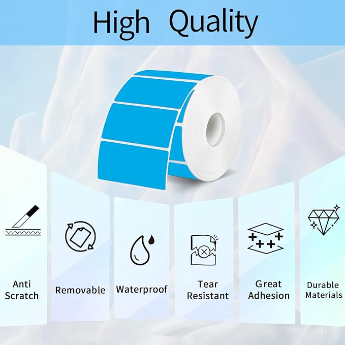 2x1 Inch Thermal Labels, Blue Thermal Printer Stickers, Waterproof Self-Adhesive Shipping Label Printer Sticker for Barcode, Name, Address, 300 Labels/Roll