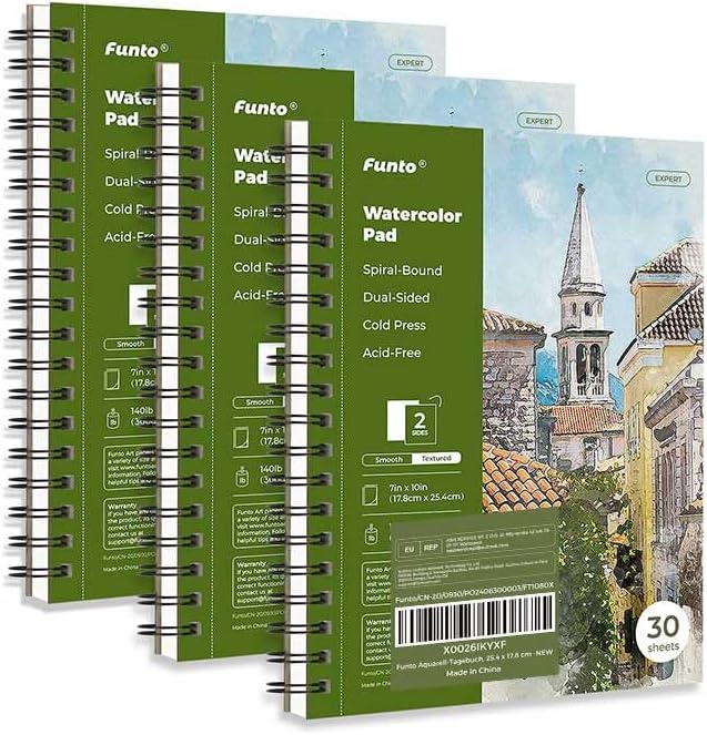 Funto Watercolor Pad 10x7, 3-Pack, 90 Sheets, 140 lb/300 GSM, Double-Sided, Cold Press, Spiral Bound, Heavyweight Paper for Watercolor Painting