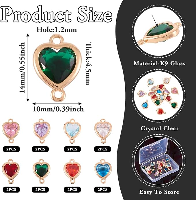FASHEWELRY 16pcs Crystal Heart Charm Links Gold Plated Glass Heart Connector - Image 3