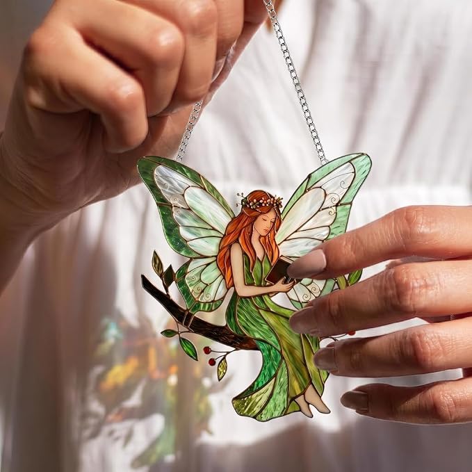 Stained Acrylic Fairy Reading a Book Suncatcher, Decorative Hanging Ornament - Image 4