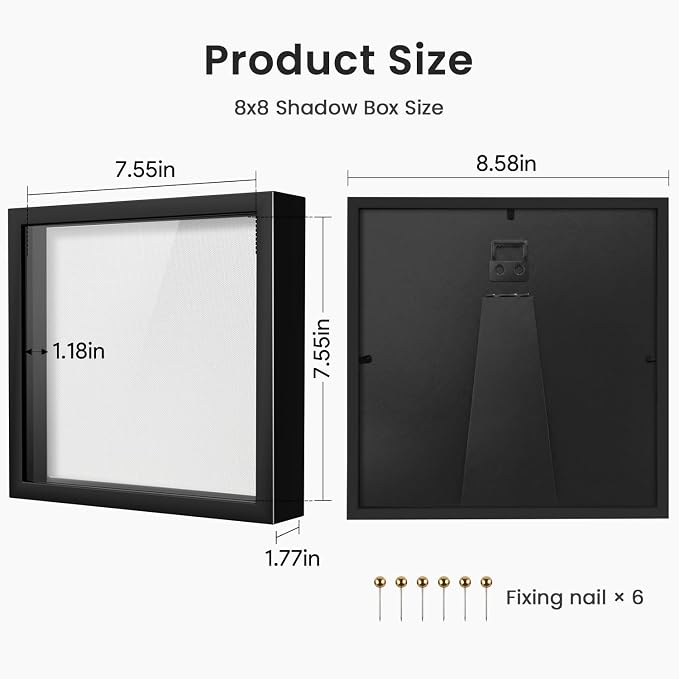 8x8 Shadow Box Frame with Linen Background & Metal Push Pins, Plexiglass Front - Image 3