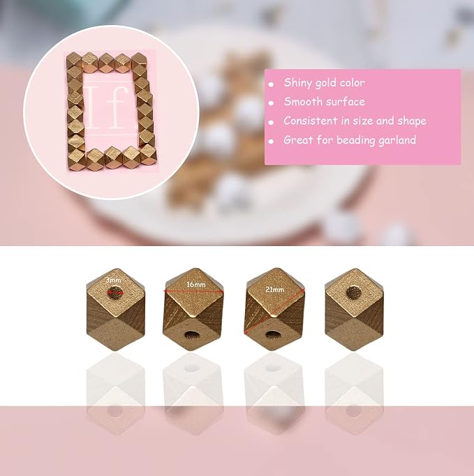 50pcs 16mm Gold Geometric Wooden Beads, Wood Smooth Loose Spacer Beads - Image 3