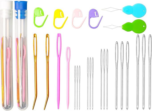 Hekisn 45Pcs Large Eye Blunt Yarn Needles Kit, Assorted Sizes Bent Tapestry Darning Needle, Sewing With Threaders & Stitch Markers for Knitting Crochet (Blue&White)