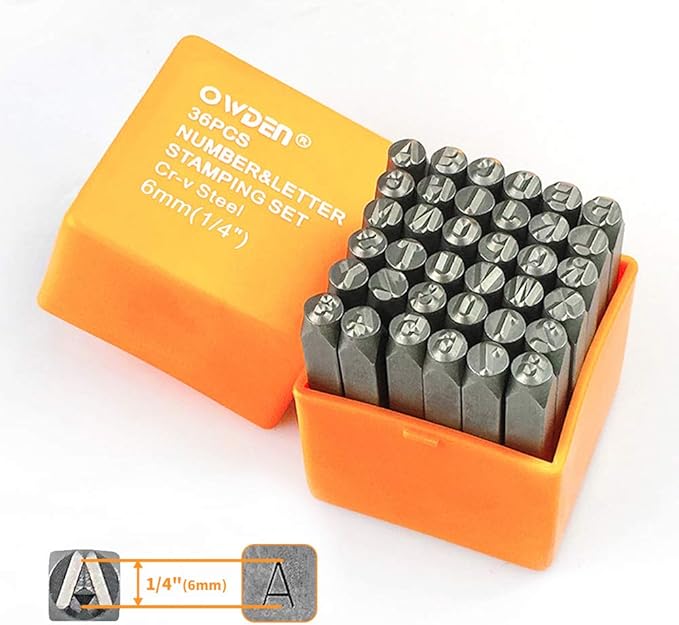 OWDEN Professional 36Pcs. Steel Metal Stamp Set,(1/4”) 6mm,Steel Number and Letter Punch Set,Alloy Steel Made HRC 58-62 for Jewelry Craft Stamping.
