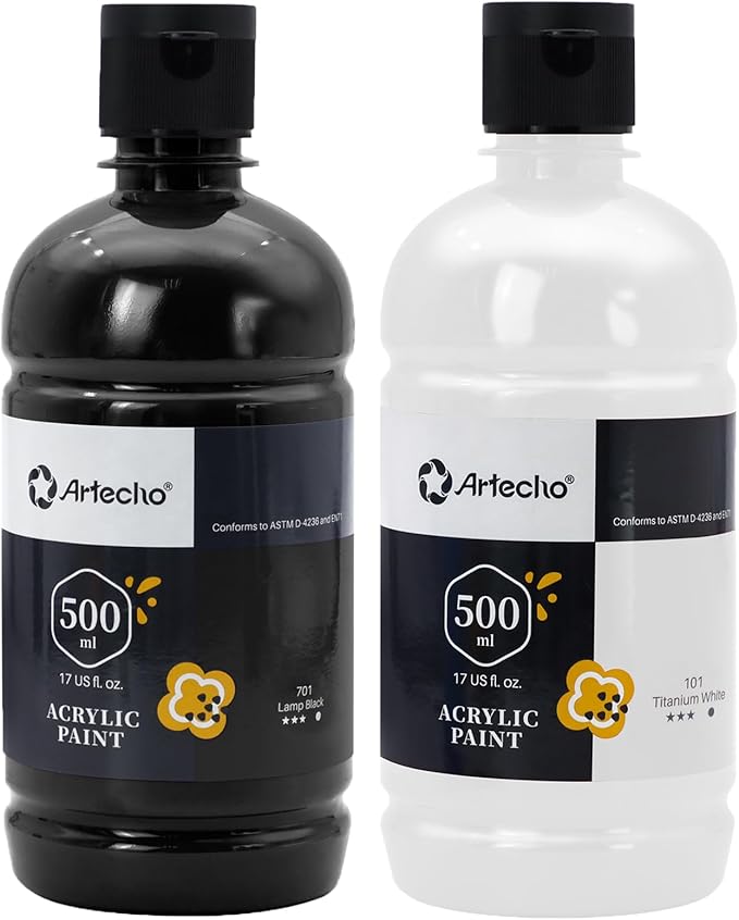 Artecho White and Black Acrylic Paint 500ml / 17oz Large Bottle | Semi Glossy by Artecho