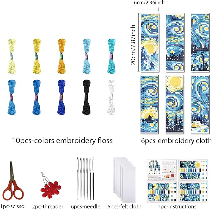 FREEBLOSS 6 Set 11CT Cross Stitch Bookmarks Kit Starry Sky Stamped Cross Stitch - Image 2