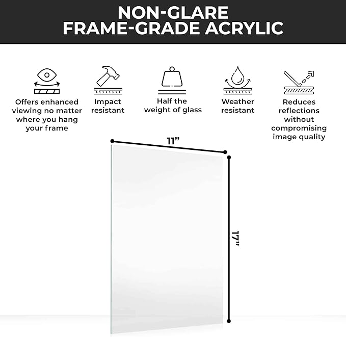 11x17 Non-Glare Acrylic Plexiglass Replacement for Picture Frame for 11x17 Photo Frame, UV-Resistant Non-Glare Acrylic Cover Sheet