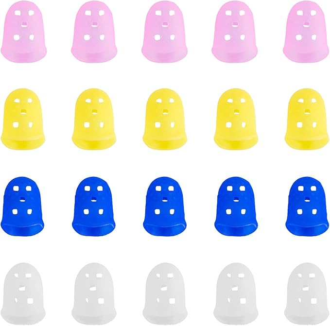 Guitar Fingertip Protector Silicone Thimble 20 PCS Rubber Finger Tips with 5 Sizes (XS-XL),4 Colors for Hand Embroidery Sewing, Carving, Comfort Grip for Guitarists, Office Workers