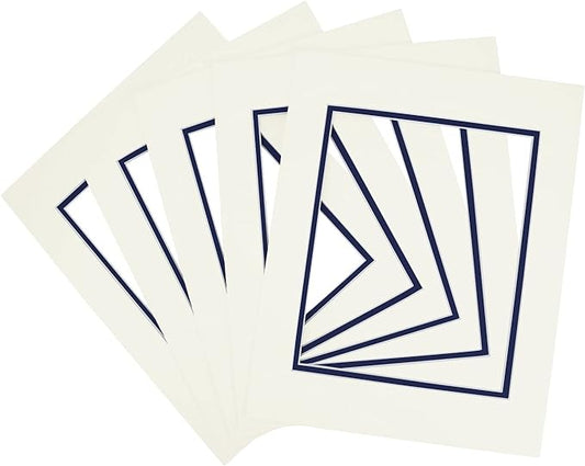 Golden State Art, 11x14 Double Mats for 8x10 - for Photos, Pictures, Frames - Acid-Free, 5 Pack, Ivory Turret Over Dignity Blue