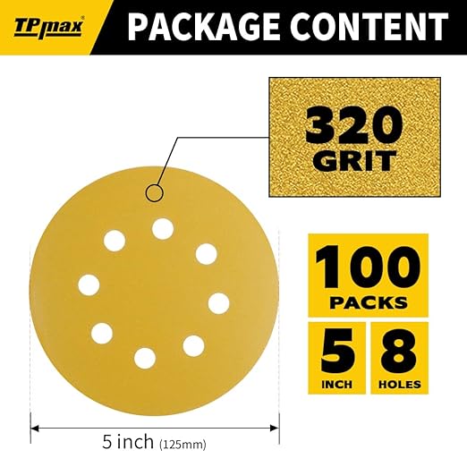 100PCS 5 Inch 320 Grit 125mm 8 Hole Sanding Discs Sandpaper - Premium Gold Round Hook and Loop for Random Orbital Sander - Ideal for Wood, Metal, Automotive