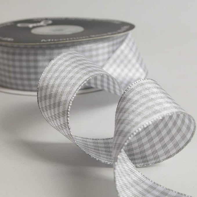 Gingham Ribbon - 25 Yards Each Roll, 100% Polyester (1", Gray Gingham)