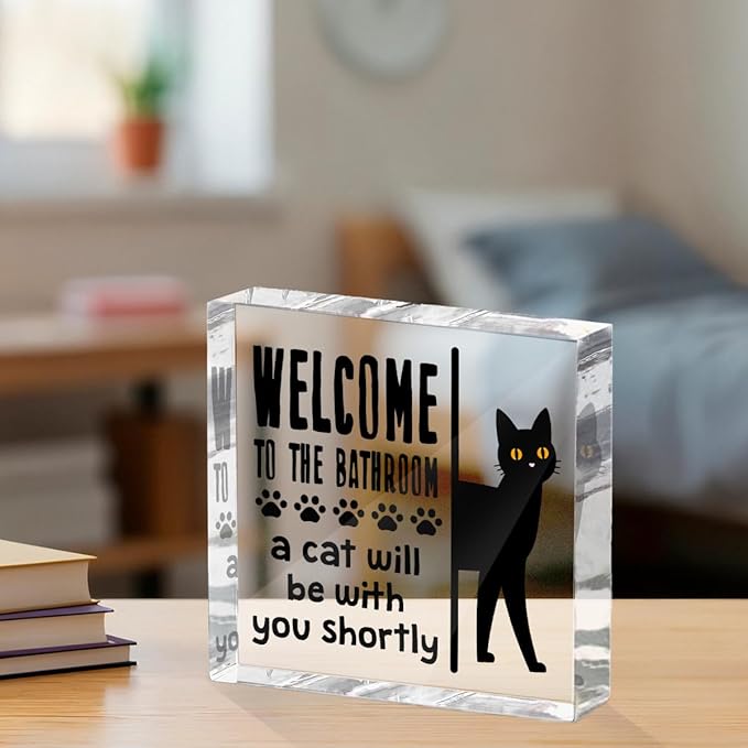 Funny Cat Bathroom Decor Acrylic Decorative Signs 4x4 Inch, Humorous Decorations for Bathroom Home Shelf Toilet, Gag Cat Lover Gifts for Women Men Friends