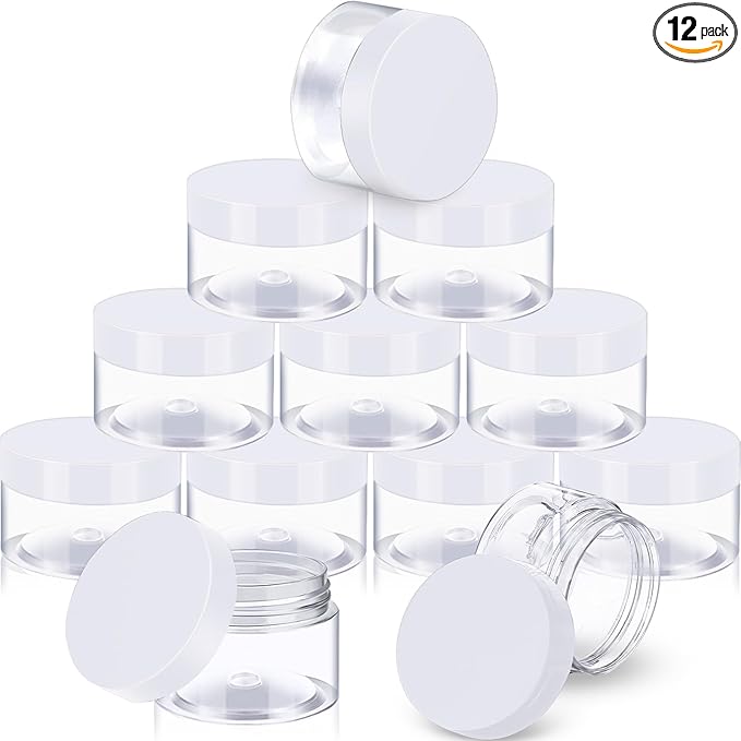 12 Pack Small Plastic Containers with Lids Clear Plastic Favor Storage Jars Wide Mouth for Beauty Products (2 Ounce, White)