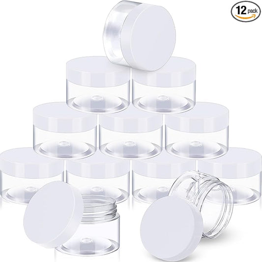 12 Pack Small Plastic Containers with Lids Clear Plastic Favor Storage Jars Wide Mouth for Beauty Products (2 Ounce, White)