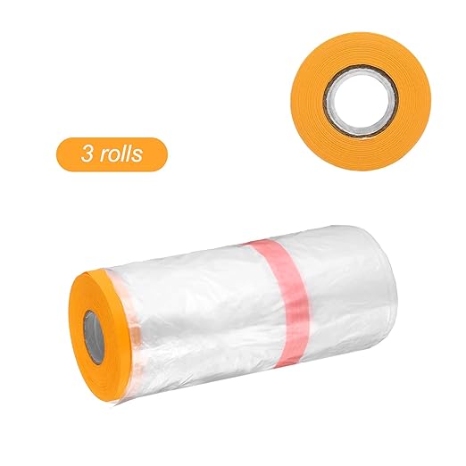 HARFINGTON 3 Rolls Pre-Taped Masking Film 106.3" x65.6ft Double Adhesive Tape and Drape Painters Plastic Drop Cloth Film with Tape Plastic Sheeting for Automotive Painting Covering