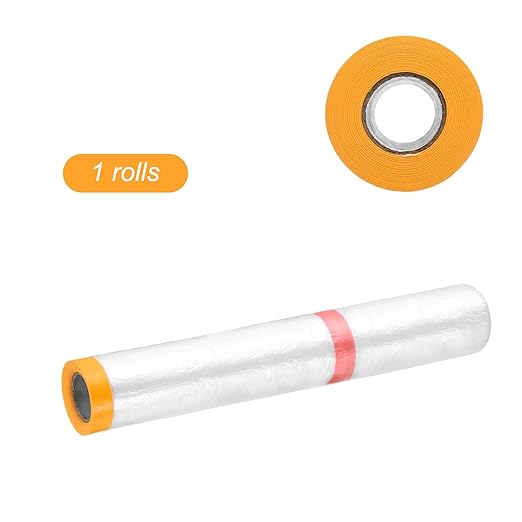 HARFINGTON Pre-Taped Masking Film 177.2" x32.8ft Double Adhesive Tape and Drape Painters Plastic Drop Cloth Film with Tape Plastic Sheeting for Automotive Painting Covering